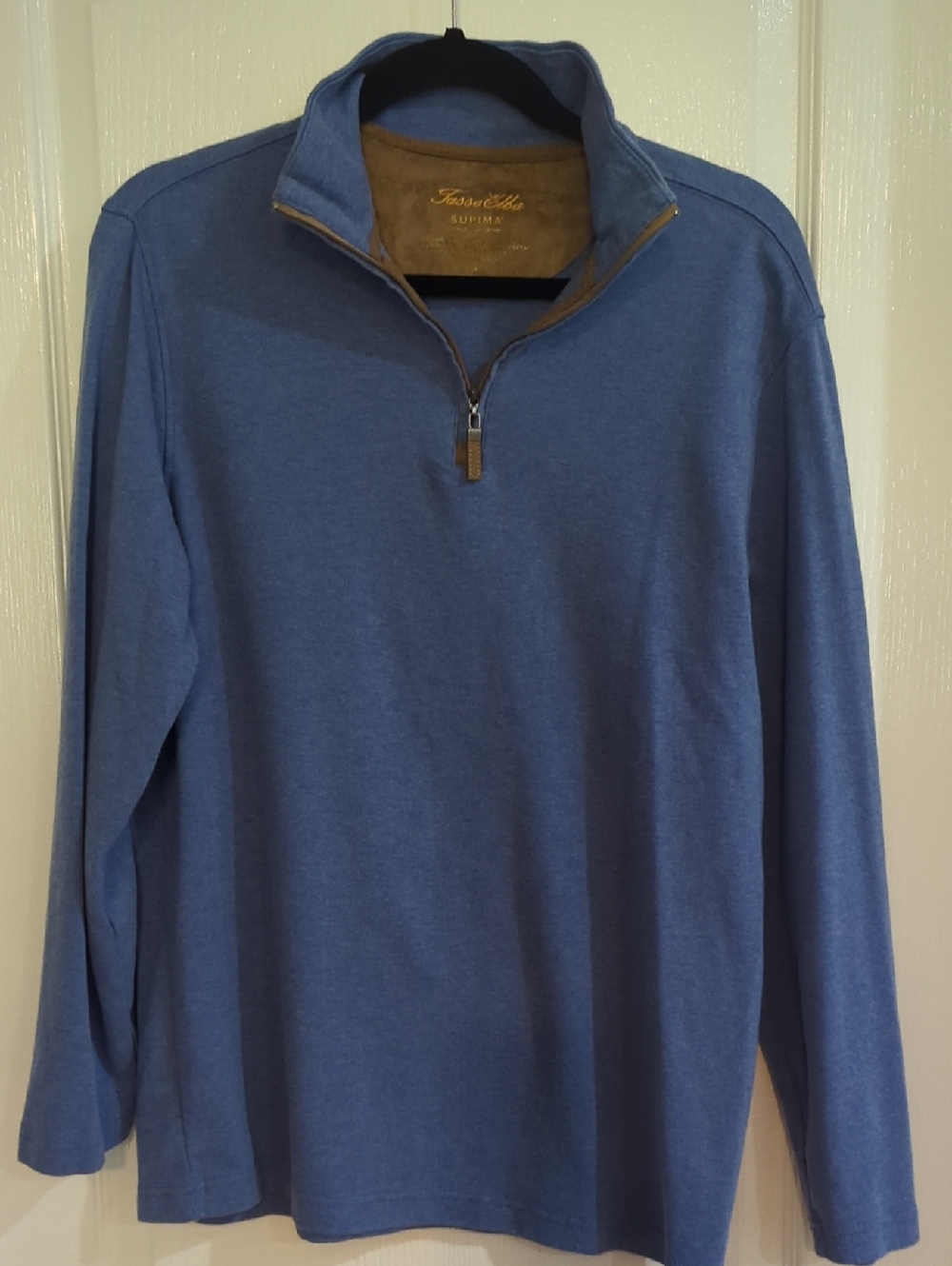 Tasso Elba Blue Quarter-Zip Pullover with Brown Trim Sz M